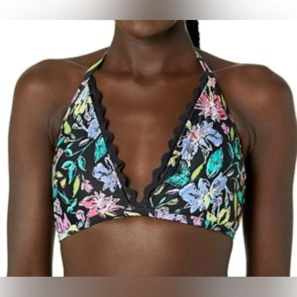 Coastal blue black floral bikini halter top